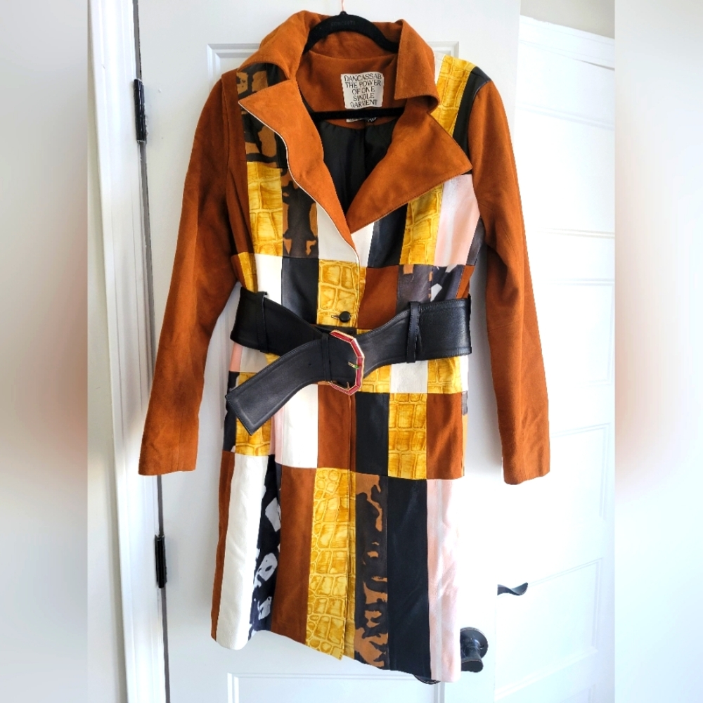 DanCassab: multi-color patchwork leather lamb skin/suede belted trench coat